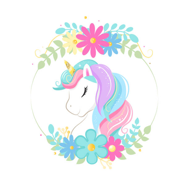 ilustraciones, imágenes clip art, dibujos animados e iconos de stock de linda cabeza de unicornio de dibujos animados mágico con marco de flores. - unicornio cabeza