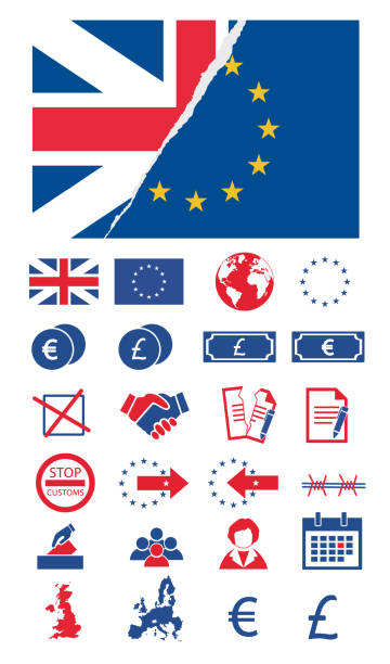 illustrazioni stock, clip art, cartoni animati e icone di tendenza di icone vettoriali impostate per la creazione di infografiche relative a brexit, unione europea, gran bretagna e voti con bandiera ue e unicon jack strappata - european union coin illustrations