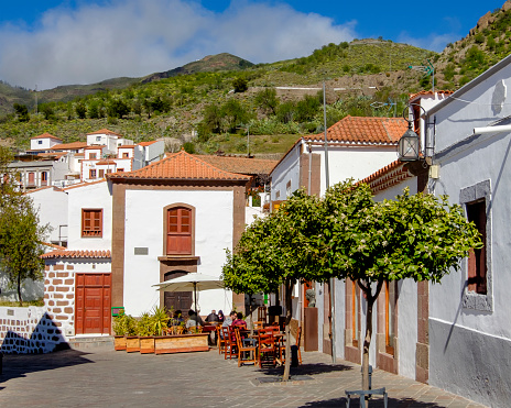 White buildings characterize the village of Tejeda, located in the mountainous central part of the island of Gran Canaria. People.