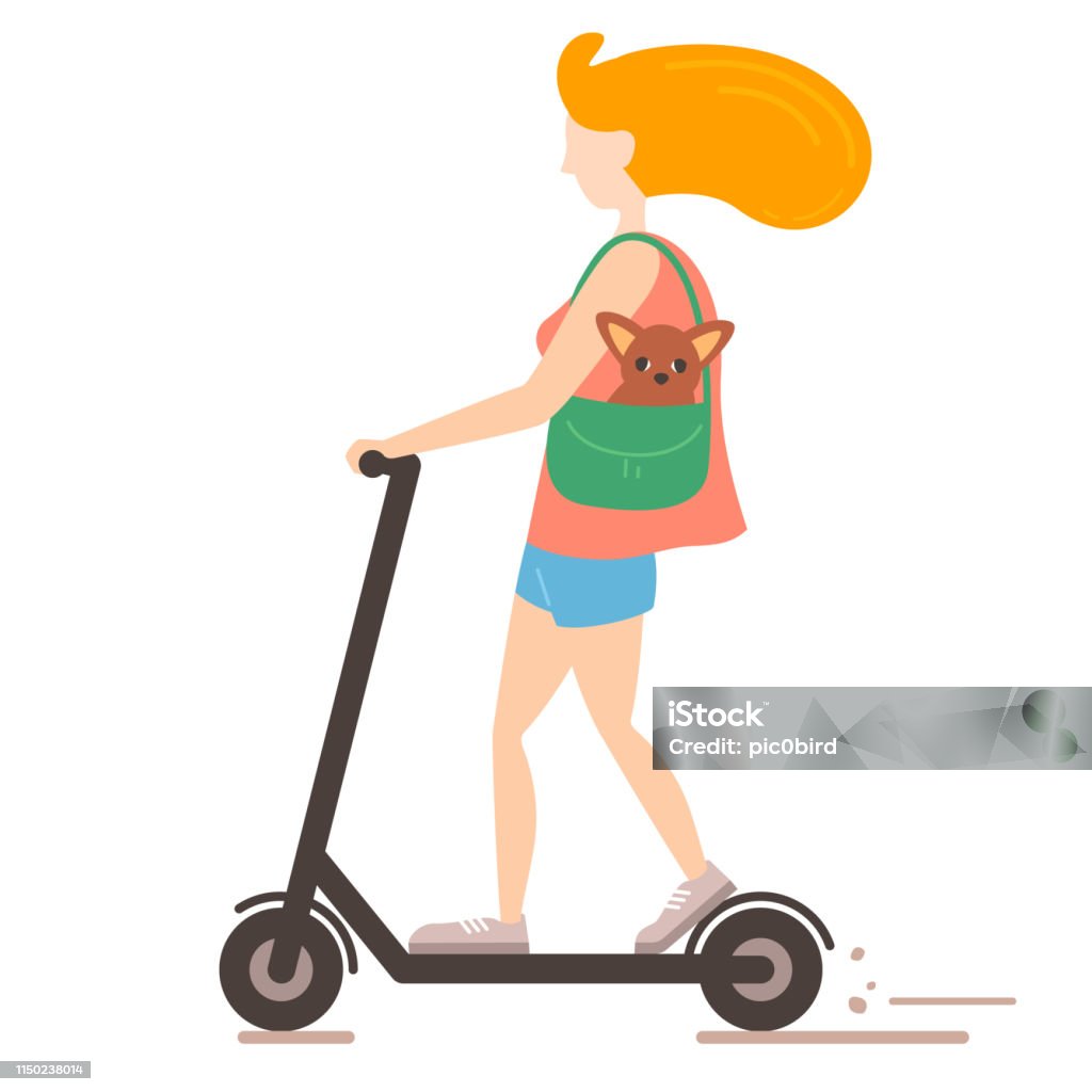 Jonge vrouw rijden een scooter met haar Pocket hond in haar tas in de platte stijl - Royalty-free Scooter vectorkunst