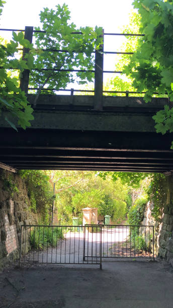 Stock photo of metal bridge made from iron girders / beams, on the countryside pathway / pedestrian only walking tarmac path with metal railings fence to prevent cycling / cyclists, railway bridge in urban scene plastic wheelie bins / dustbins and laurel hedges imagen de la ruta del campo con puente metálico hecho de vigas de hierro/haces, peatonal sólo caminar asfalto camino con barandilla de metal valla para evitar el ciclismo/ciclistas, puente ferroviario en el escenario urbano bins de caballito de plástico