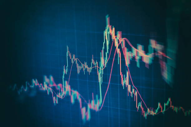 Technical price graph and indicator, red and green candlestick chart on blue theme screen, market volatility, up and down trend. Stock trading, crypto currency background.