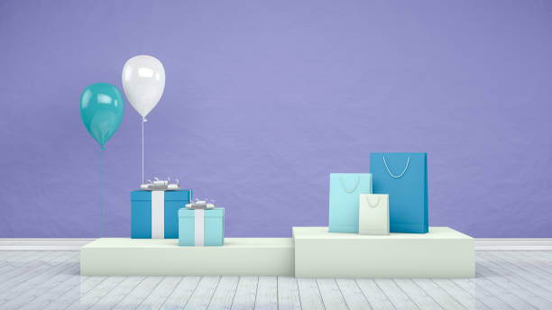 sacs à provisions papier 3d avec plate-forme de produit, podium, design minimal - gift purple turquoise box photos et images de collection