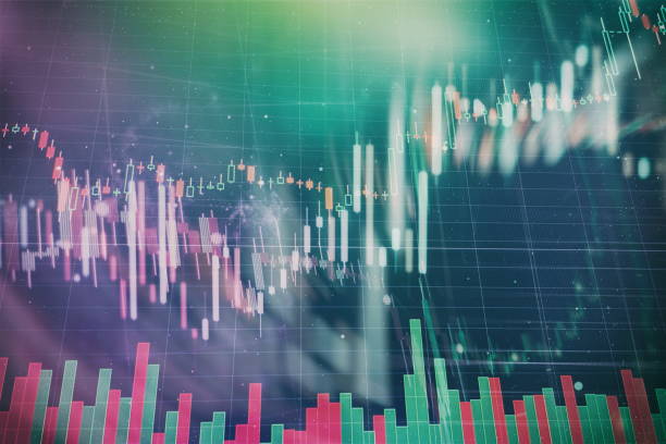 istock Technical price graph and indicator, red and green candlestick chart on blue theme screen, market volatility, up and down trend. Stock trading, crypto currency background. 1150245190
