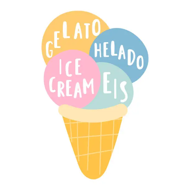 Vector illustration of Ice cream, helado, eis, gelato. Translation concept.