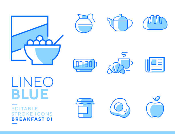 ilustrações de stock, clip art, desenhos animados e ícones de lineo blue - breakfast and morning line icons - food staple audio