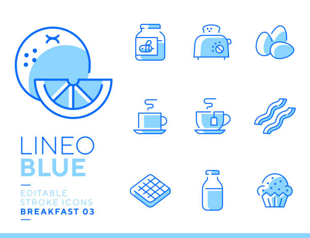 lineo blue - иконки линии завтрака и утра - bread waffle bacon toast stock illustrations