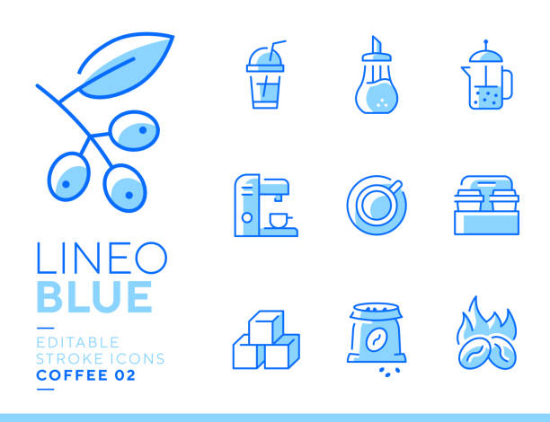 Lineo Blue - coffee line icons Vector icons - Adjust stroke weight - Expand to any size - Change to any color sugar bowl crockery stock illustrations