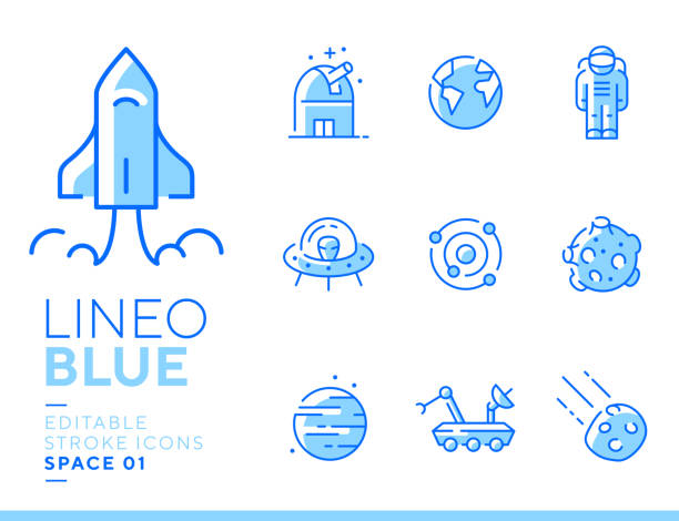 illustrazioni stock, clip art, cartoni animati e icone di tendenza di lineo blue - icone della linea space and planets - lunar space equipment
