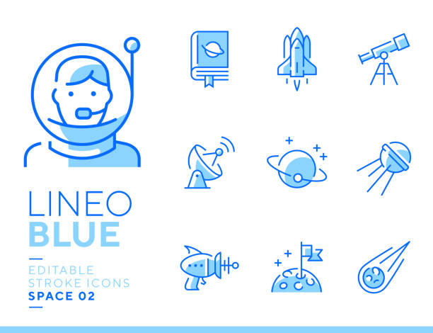 ilustrações de stock, clip art, desenhos animados e ícones de lineo blue - space and planets line icons - telescópio