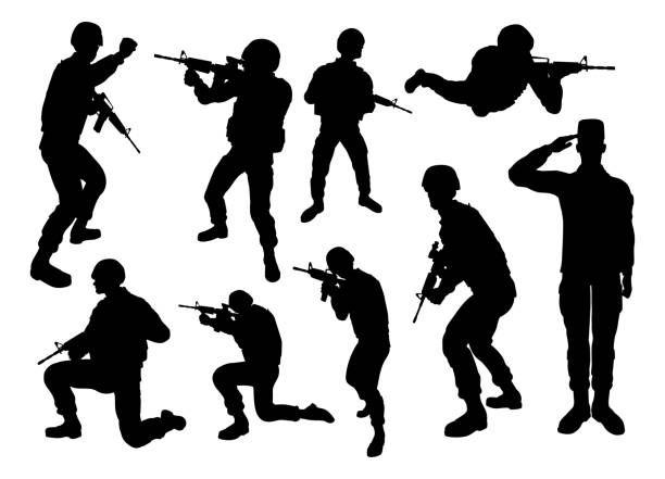 ilustrações de stock, clip art, desenhos animados e ícones de soldier high quality detailed silhouettes - navy officer armed forces saluting