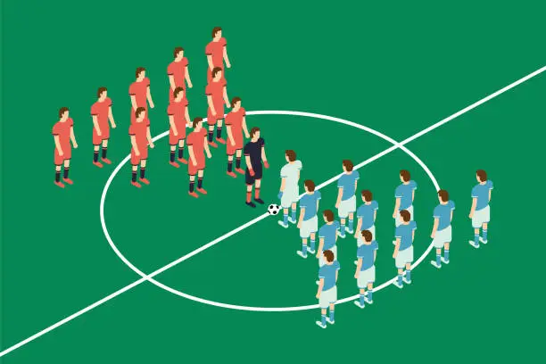 Vector illustration of Flat Style Soccer Table. Vector Illustration. Isometric View Field With Football Players