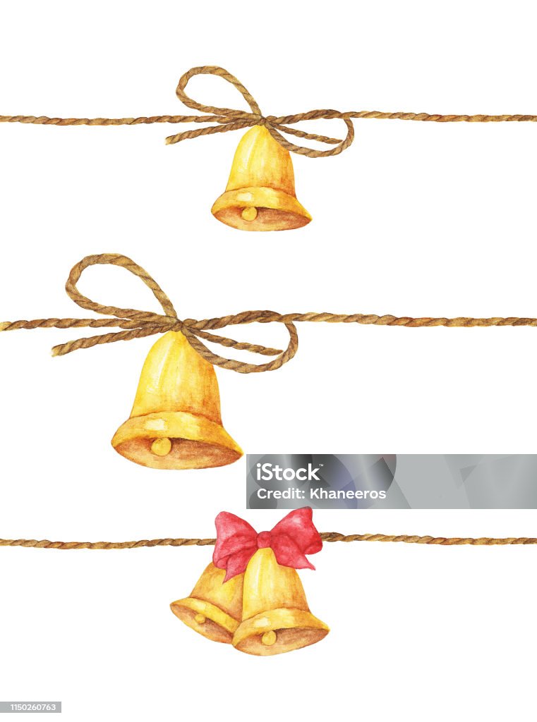 Set of Golden bell hanging on rope. Watercolor illustration. Set of Golden bell hanging on rope. Watercolor illustration painting isolated on white background. Bell stock illustration