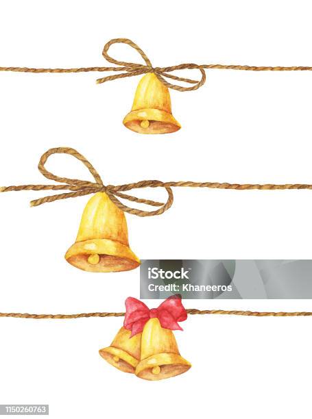 Set Of Golden Bell Hanging On Rope Watercolor Illustration Stock Illustration - Download Image Now