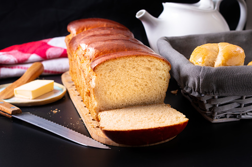 Food bakery concept Fresh baked homemade hokkaido Bread loaf with copy space