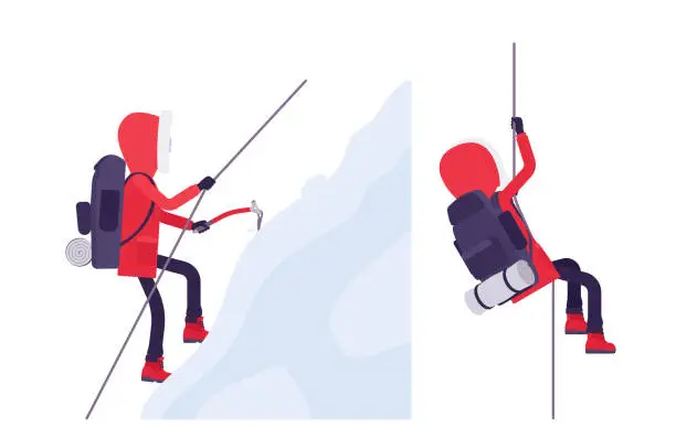 Vector illustration of Winter hiking man mountaineering