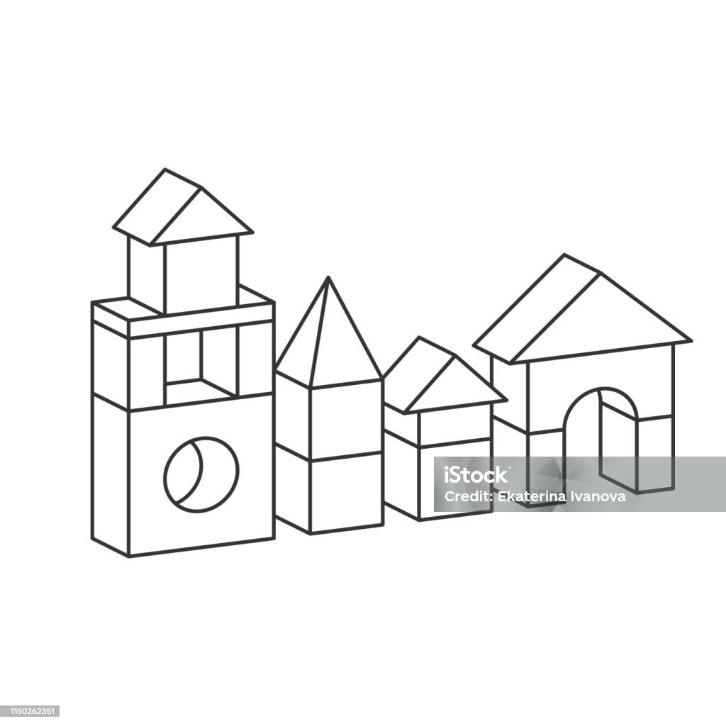 Line style toy building tower illustration for coloring book Line style blocks toy tower for coloring book. Bricks childrens building construction, castle, house. Vector volume style illustration isolated on white background Toy Block stock vector