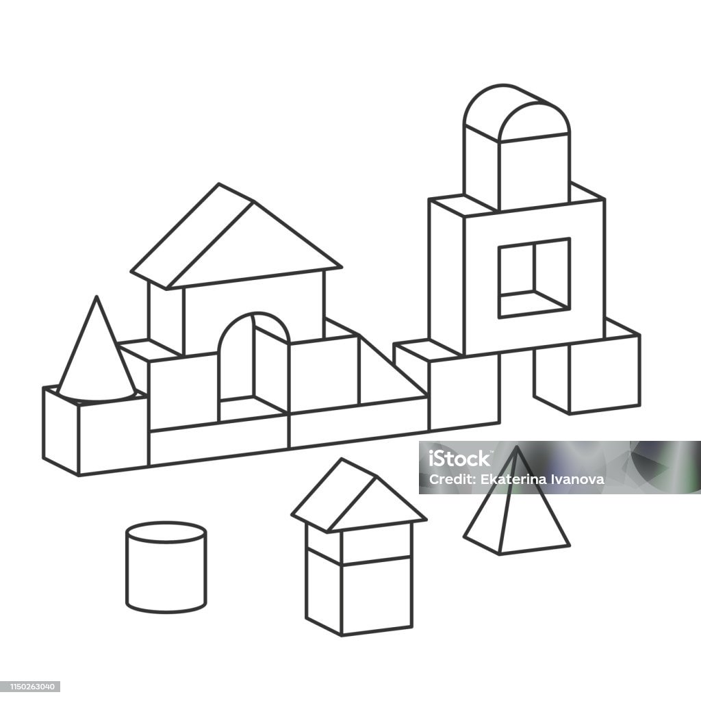 Line style toy building tower illustration for coloring book Line style blocks toy tower for coloring book. Bricks childrens building construction, castle, house. Vector volume style illustration isolated on white background Architecture stock vector