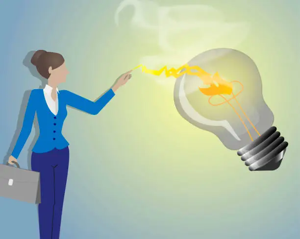 Vector illustration of Business woman,pointing to light bulb as symbol of Idea word.