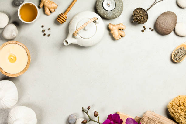 istock Natural SPA concept on grey concrete background, close up 1150269290