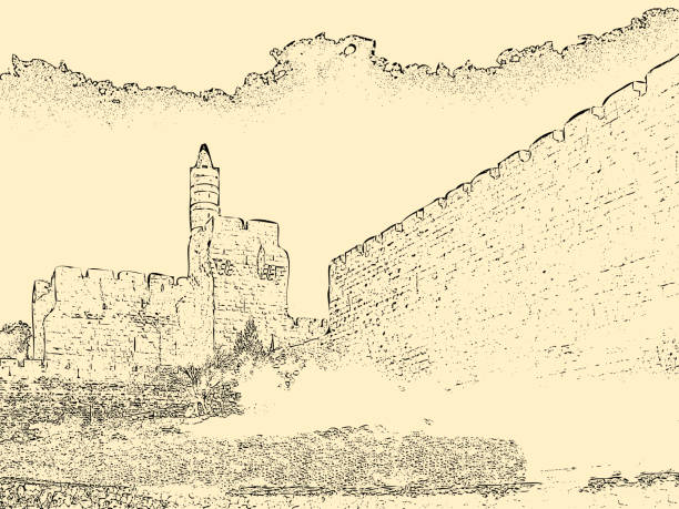 이스라엘. 예루살렘. 오래 된 도시입니다. 다윗의 탑. 노란 종이에 연필 그리기 - jerusalem stone illustrations stock illustrations