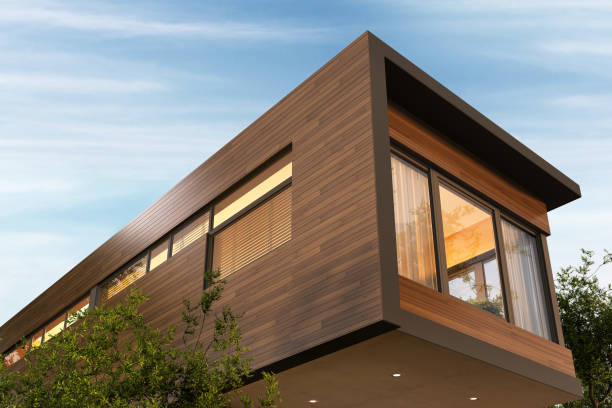 hermosa casa moderna y hermoso cielo - wooden construction fotografías e imágenes de stock