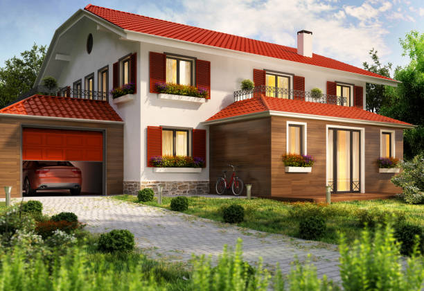 istock Modern country house with garage and car 1150277983