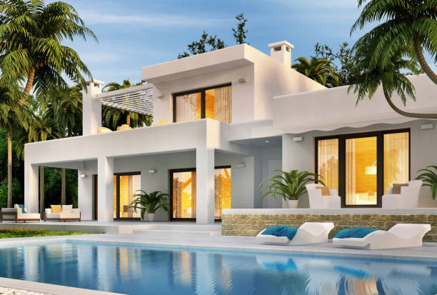 maison blanche moderne avec la piscine - villa photos et images de collection