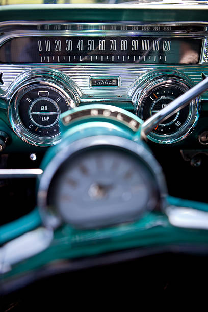 istock Vintage dashboard with teal and silver chrome 115027870