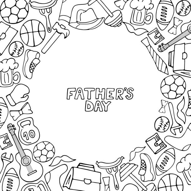 ilustrações de stock, clip art, desenhos animados e ícones de father's day holiday frame in doodle style. men's lifestyle, sports equipment, clothes and accessories coloring book. - retro revival basketball american culture sport