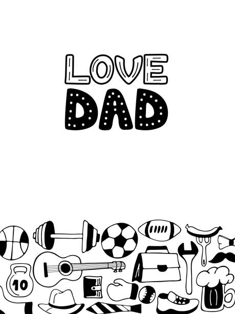 ilustraciones, imágenes clip art, dibujos animados e iconos de stock de amor papá tarjeta de felicitación en estilo doodle. estilo de vida de los hombres, equipo deportivo, ropa y accesorios. - shoe bow baseball sport