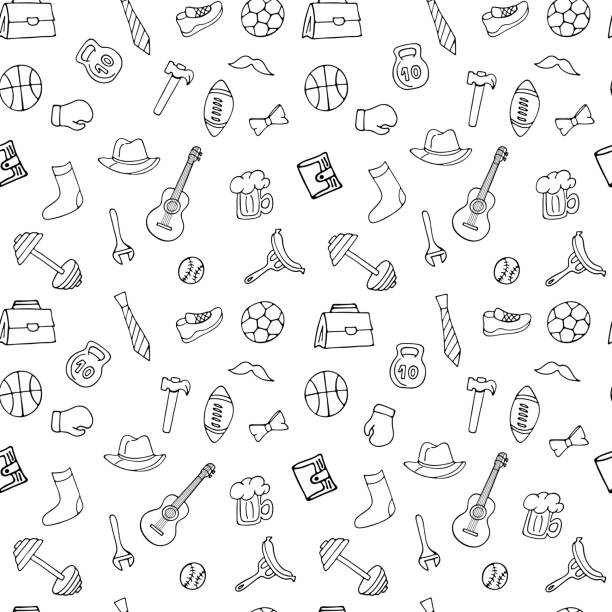 ilustrações de stock, clip art, desenhos animados e ícones de fathers day holiday seamless pattern in doodle style for coloring book. men's lifestyle, sports equipment, clothes and accessories. - boxing glove sports glove retro revival old fashioned