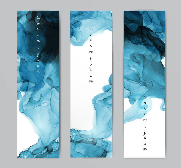 ilustrações de stock, clip art, desenhos animados e ícones de three blue banners with abstract alcohole ink painting on white background with place for your text. - blue ink