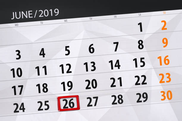istock Calendar planner for the month june 2019, deadline day, 26, wednesday 1150280579