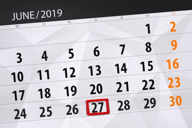istock Calendar planner for the month june 2019, deadline day, 27, thursday 1150280614