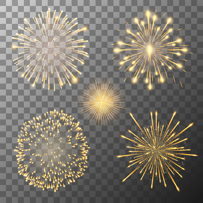 Set of five vector fireworks bursting in various shapes. Firework explosion in night. Firecracker rockets bursting in big sparkling star balls