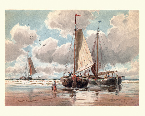 Vintage engraving of Dutch Pinks at Low Tide, 19th Century, by Walter William May. A Dutch barge or schuyt is a flat-bottomed boat, originally used for cargo carrying in the Netherlands,