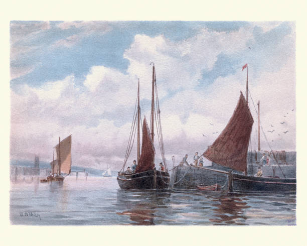 рыбацкие лодки penzance lugger в ньюлине, корнуолл, 19 век - illustration and painting retro revival sailboat antique stock illustrations