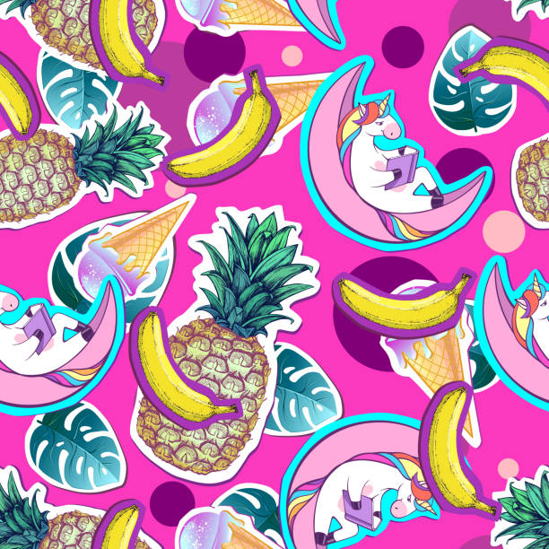 istock Summer seamless pattern with unicorn and pineapple. Zine Culture style summer cut out background 1150283694
