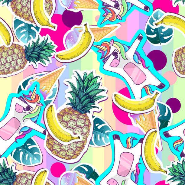 istock Summer seamless pattern with unicorn and pineapple. Zine Culture style summer cut out background 1150284300