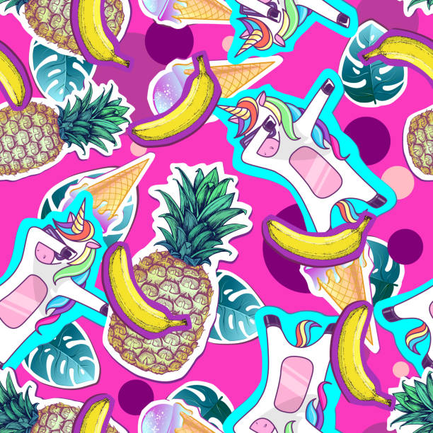 istock Summer seamless pattern with unicorn and pineapple. Zine Culture style summer cut out background 1150284329