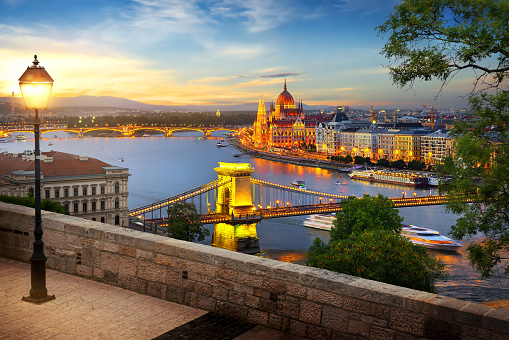 View on landmarks of Budapest at sunset, Hungary