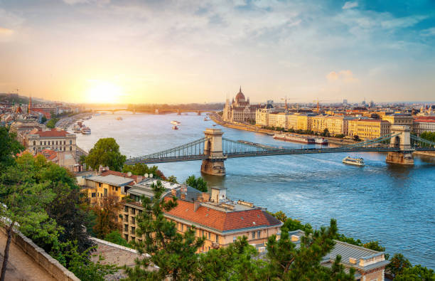 landmarks of Budapest View of Budapest landmarks at beautiful sunset budapest stock pictures, royalty-free photos & images
