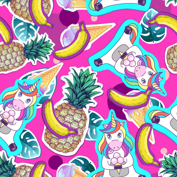 istock Summer seamless pattern with unicorn and pineapple. Zine Culture style summer cut out background 1150284675