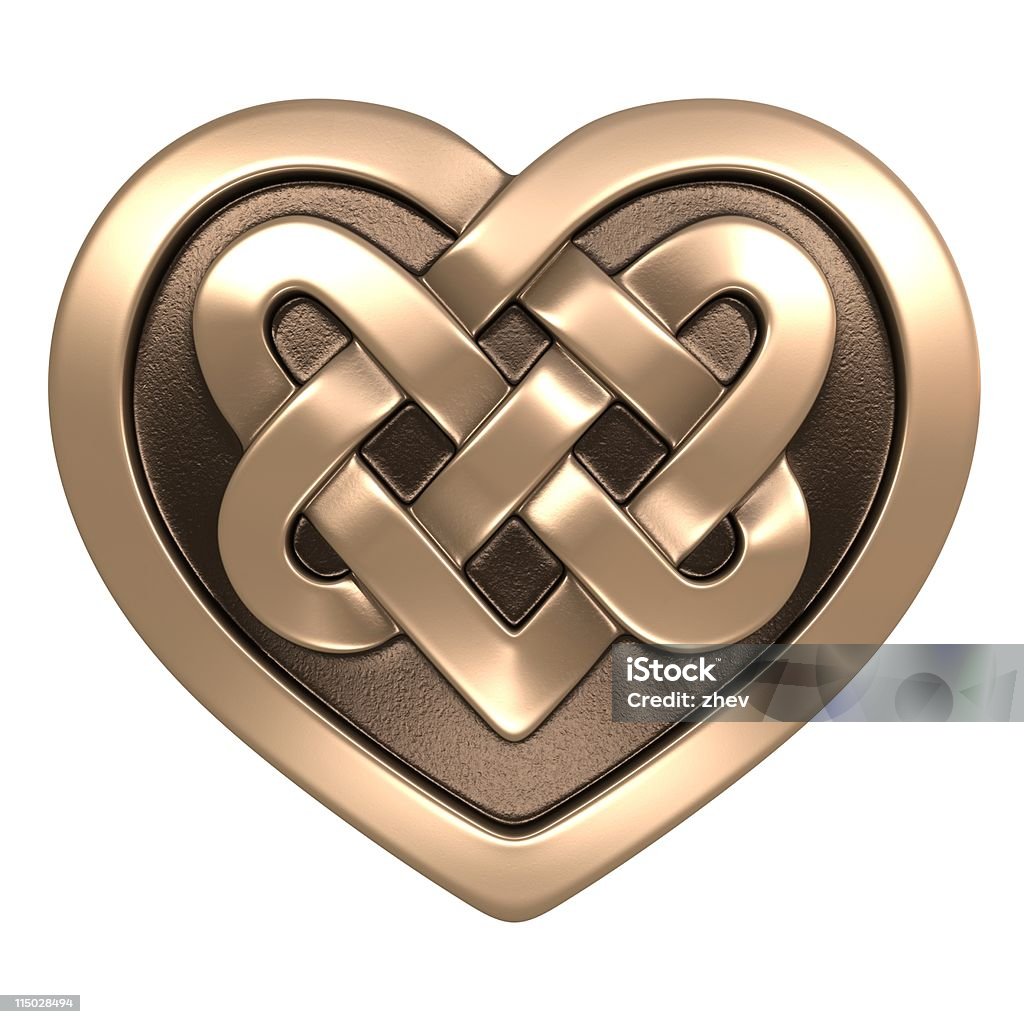 Shining golden Celtic heart on white background 3d image. Isolated white background. Celtic Knot Stock Photo