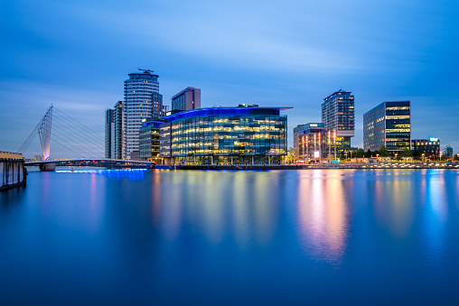 Sunset view over Media City at Salford Quays in Manchester, United Kingdom which is home to studios and offices of major British television companies