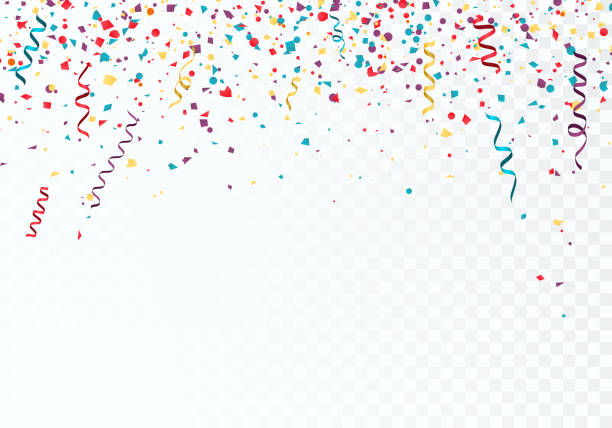 Celebration or festival colorful background template with falling paper confetti and ribbons. Vector illustration isolated on transparent background Celebration or festival colorful background template with falling paper confetti and ribbons. Vector illustration isolated on transparent background streamers and confetti stock illustrations