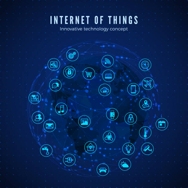 モノのインターネット。iot のコンセプト。グローバルネットワーク接続。グローバルネットワークとマップの背景上のスマートシステムのアイコンを監視し、制御します。ベクターイラスト - background world map点のイラスト素材／クリップアート素材／マンガ素材／アイコン素材