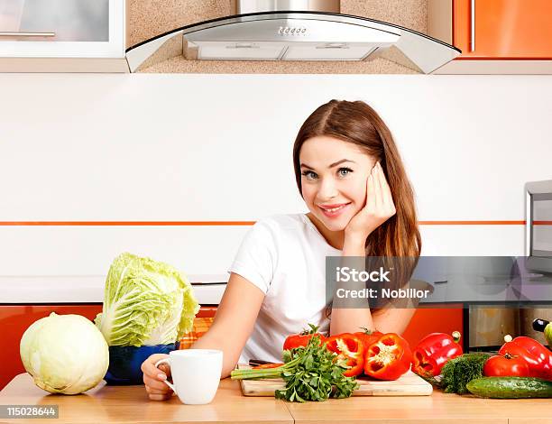 Woman At The Kitchen Stock Photo - Download Image Now - Adult, Beautiful People, Beauty