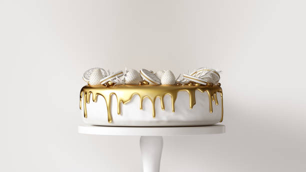 istock Big White and Gold Luxury Cake with Strawberries and Round Biscuits 1150295823